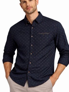 Craft + Flow Men’s Button Shirt size M Navy Geo Print Long Sleeve(A209)&✨